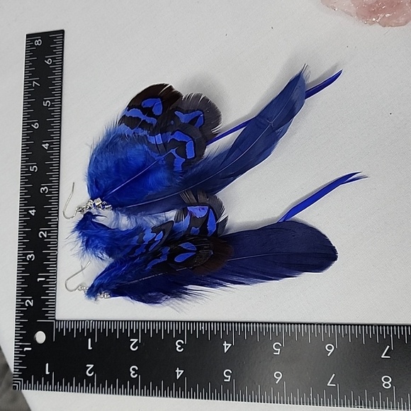 Boho Long Royal Blue Real Feather Earrings - Picture 7 of 7
